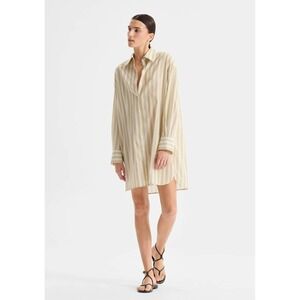 H&M Striped Shirt Dress Long Sleeve Button Front Collar Midi Beige Black M